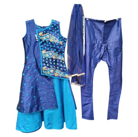 Elegant Dark Green Blue Ashwini Girls' Embroidery Salwar Suit - Size 34 (10-11) - Picture 3 of 7